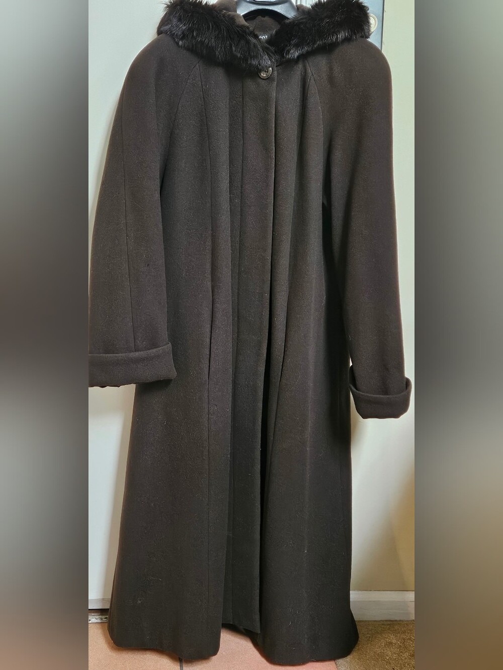 VTG Donnybrook Heavy Wool Coat Genuine Rabbit Fur Hooded Maxi Brown 16
